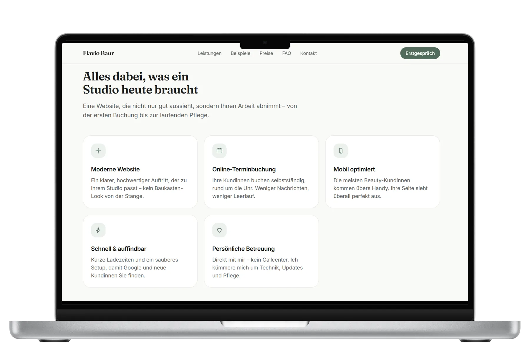 Beispiel einer von Flavio Baur gestalteten Studio-Website auf einem Laptop